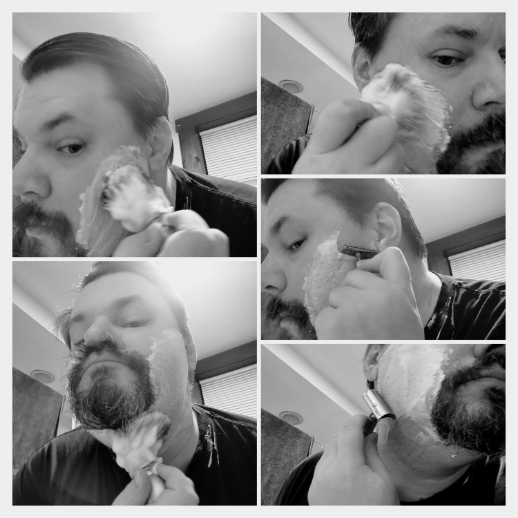 collage of author Robert lathering and shaving with Fine Shaving Soap
