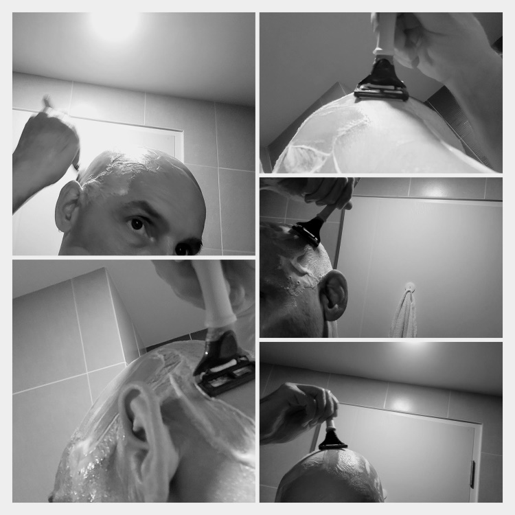collage of author head shaving with Harrys razor