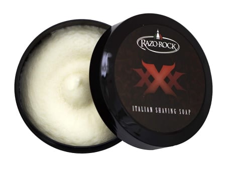 RazoRock XXX Shaving Soap tub open showing the soap contents on white background