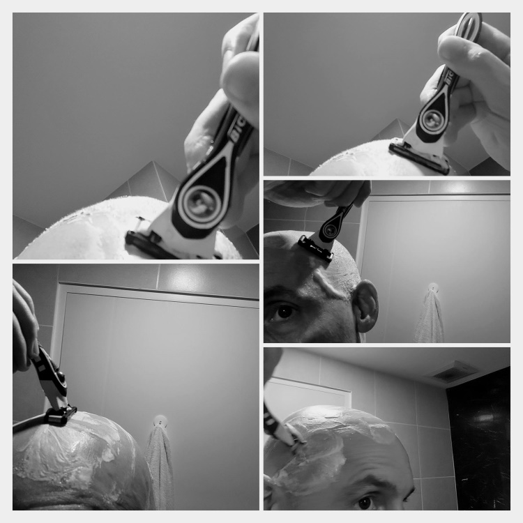 collage of author Jason head shaving with the BIC Flex 5 Hybrid razor