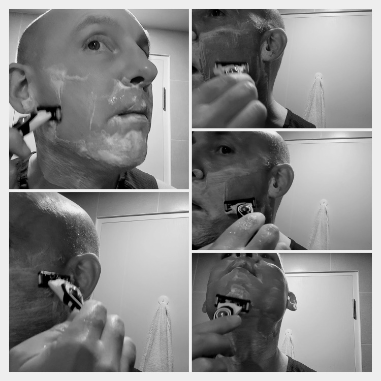 collage of author Jason shaving with the BIC Flex 5 Hybrid razor