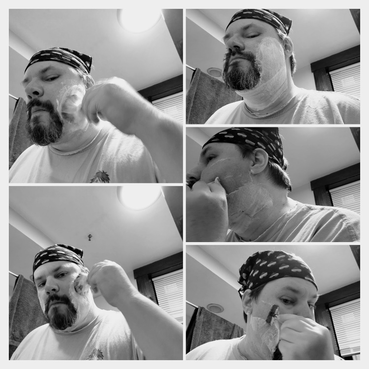 collage of author Robert applying stirling shaving soap lathered to his face