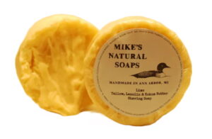 two Mikes natural shaving soap pucks showing the front and back of soap