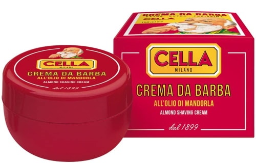 Cella Milano Almond shaving cream soap jar with presentation box at the side on white background