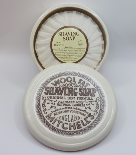 Mitchells wool fat shaving soap ceramic bowl open showing the soap inside
