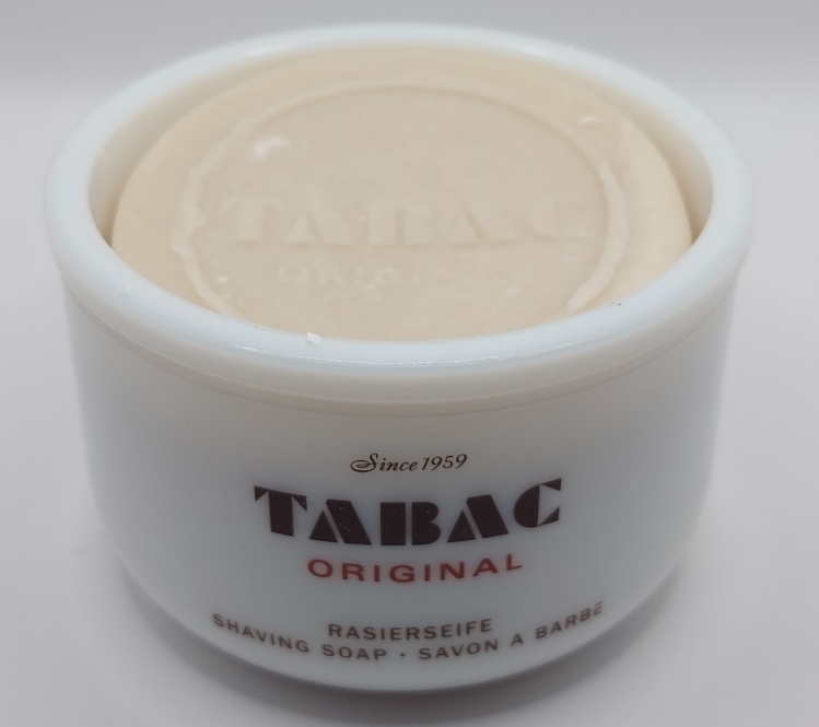 Tabac Shaving Soap puck showing inside ceramic bowl