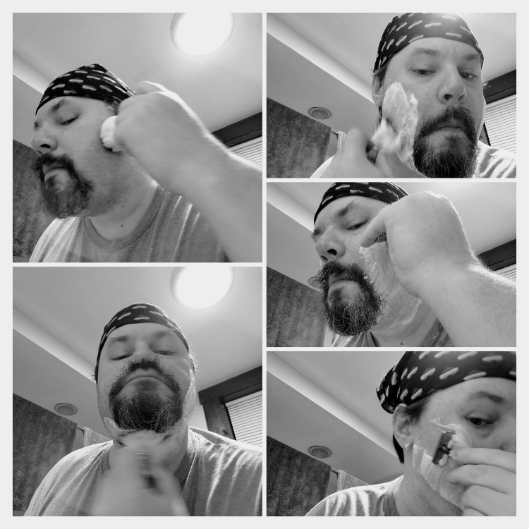 collage of Author Robert applying and shaving with Cello Aloe Vera shaving cream