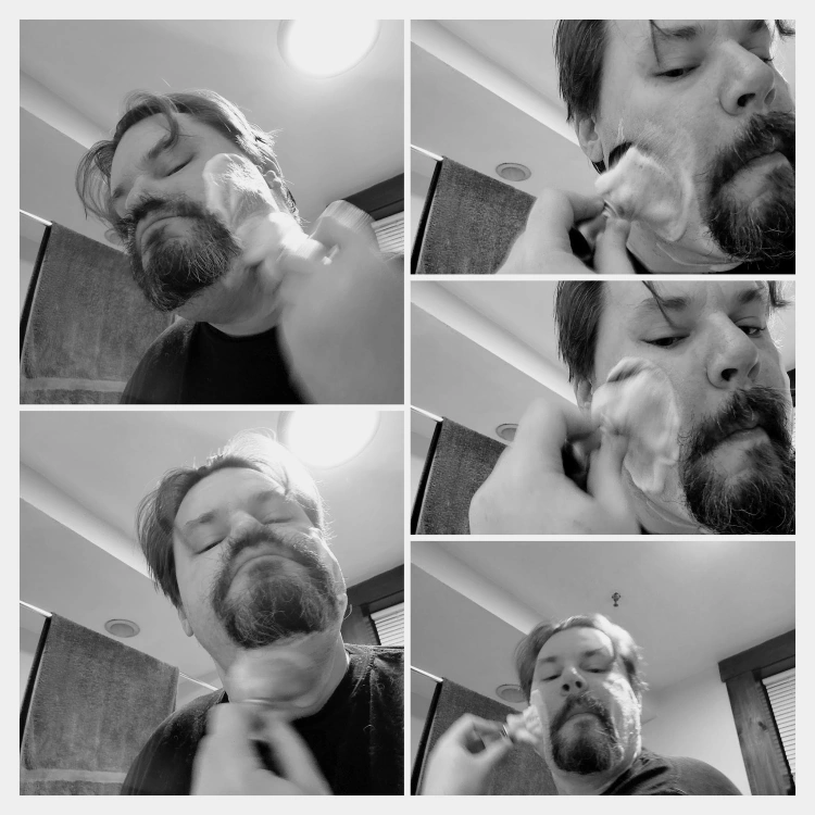 collage of author Robert shaving with Mitchells wool fat shaving soap