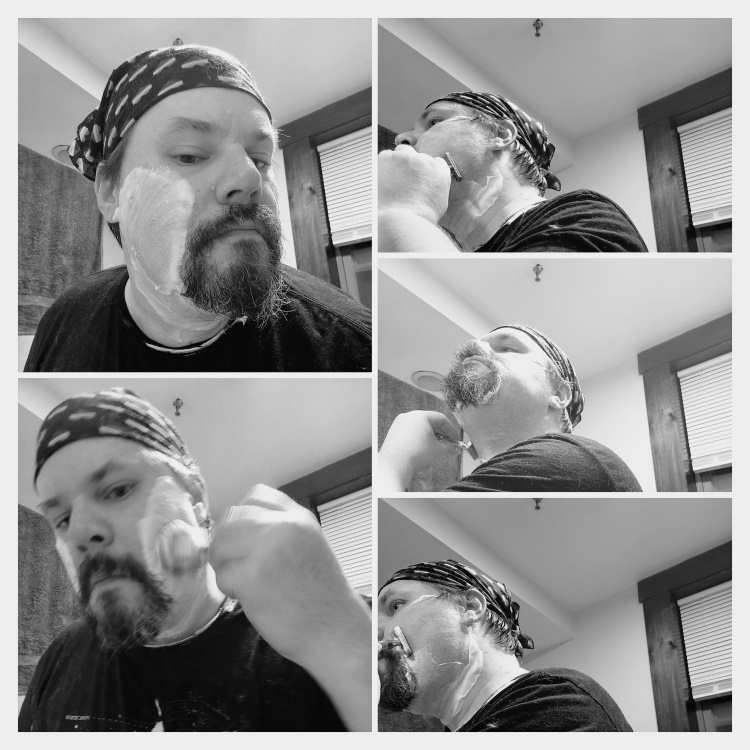 collage of author Robert shaving with Tabac Shaving Soap
