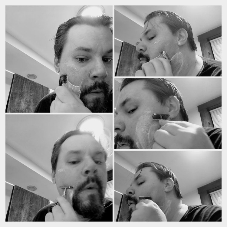 collage of author Robert shaving with the RazoRock Lupo 72