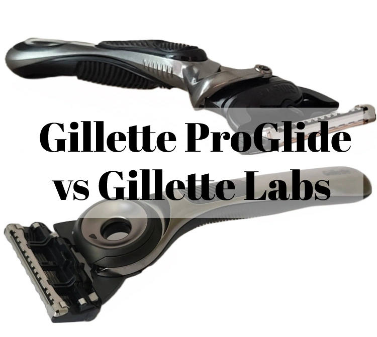 Gillette ProGlide with Gillette Labs Exfoliating Razor on white background with text stating vs