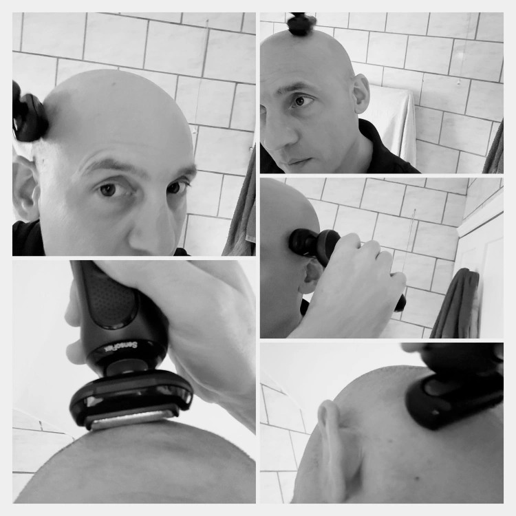collage of author head shaving with the Braun Series 6 6075 - 60-B7500cc shaver
