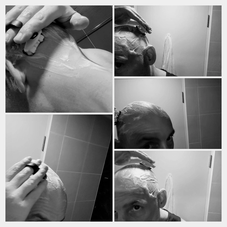 collage of author shaving with the HeadBlade Moto