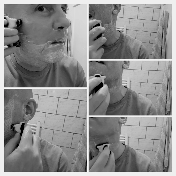 collage of reviewer shaving his face with the HeadBlade ATX