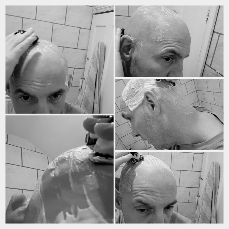 collage of reviewer shaving with the HeadBlade ATX Razor