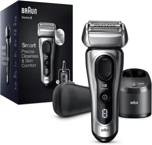 Braun Series 8 8467cc and all components and box on white background