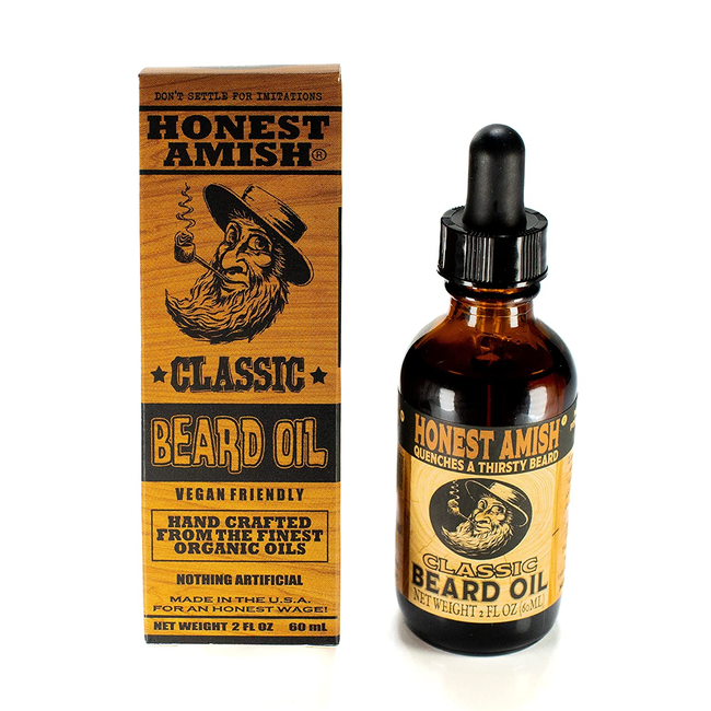 Honest Amish Classic Beard Oil bottle with box next to it on white background