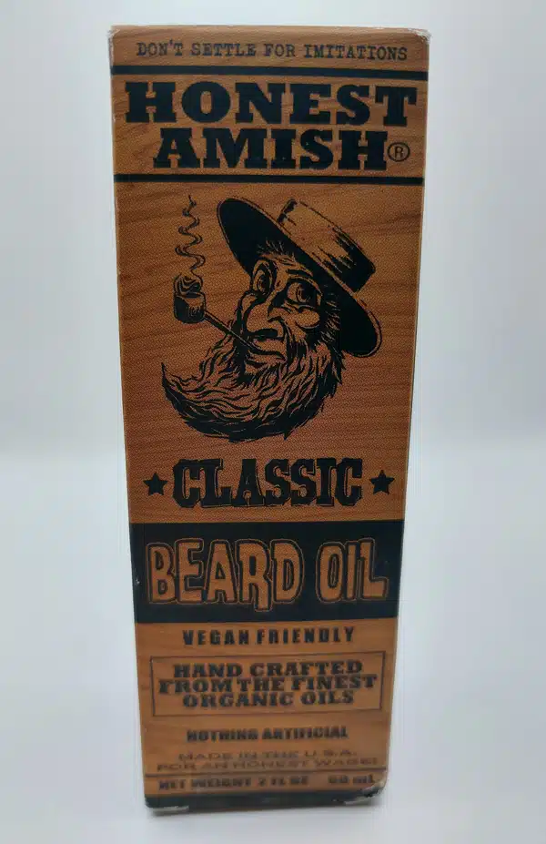 Honest Amish Classic Beard Oil box on its own with bottle inside