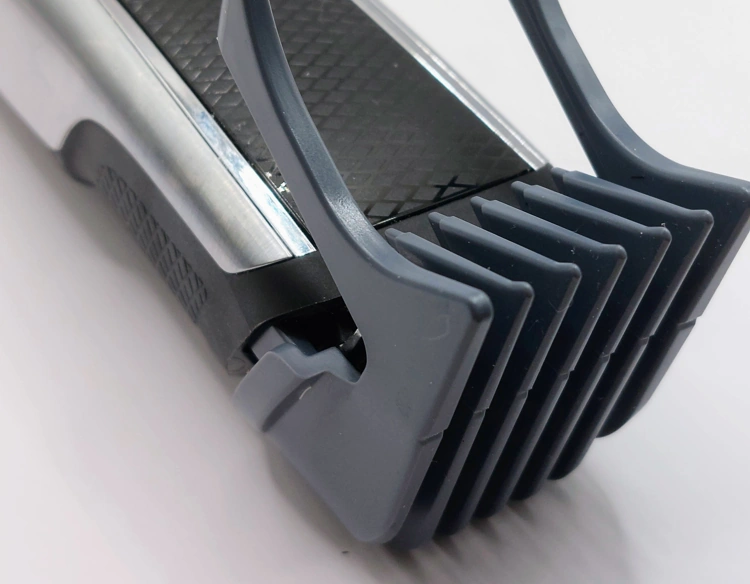 close up of the Philips Norelco Series 5000 Beard trimmer with an attachment attached