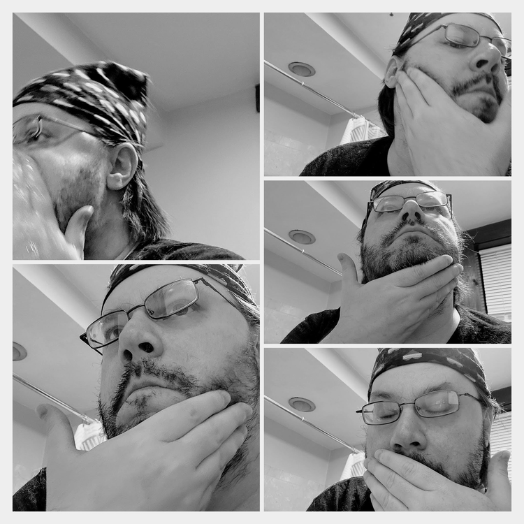 collage of author Robert applying Honest Amish Classic Beard Oil on his face