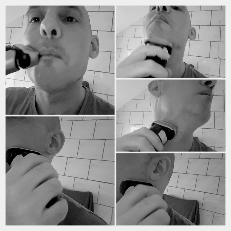 collage of author at shavingadvisor shaving with the Braun Series 8 8467cc shaver