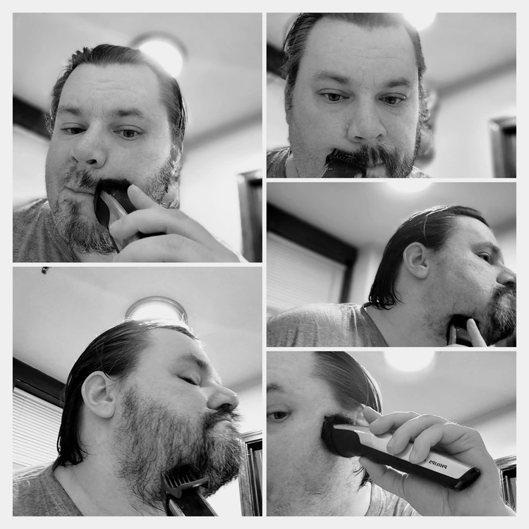collage of author Robert trimming and using Philips Norelco 5000 Series beard trimmer
