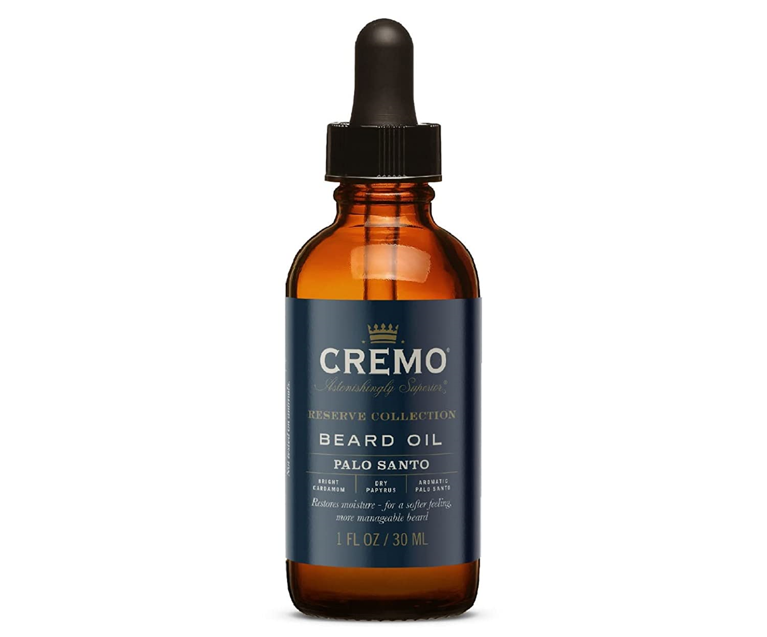 a bottle of Cremo Palo Santo Beard Oil on white background