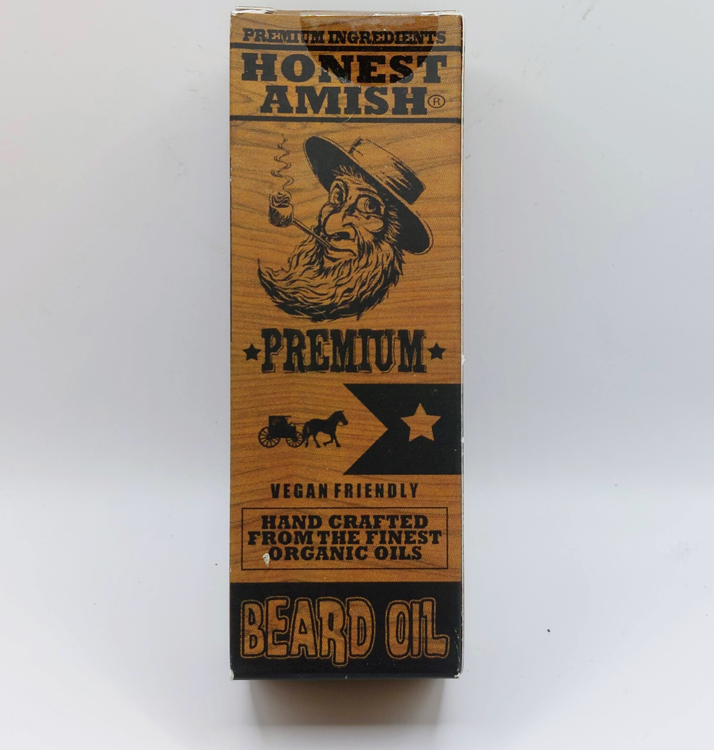 box displayed for the Honest Amish Premium Beard Oil