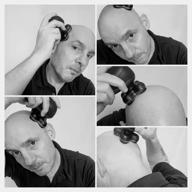 collage of author Jason head shaving with the Remington RX7 Ultimate Series Head Shaver