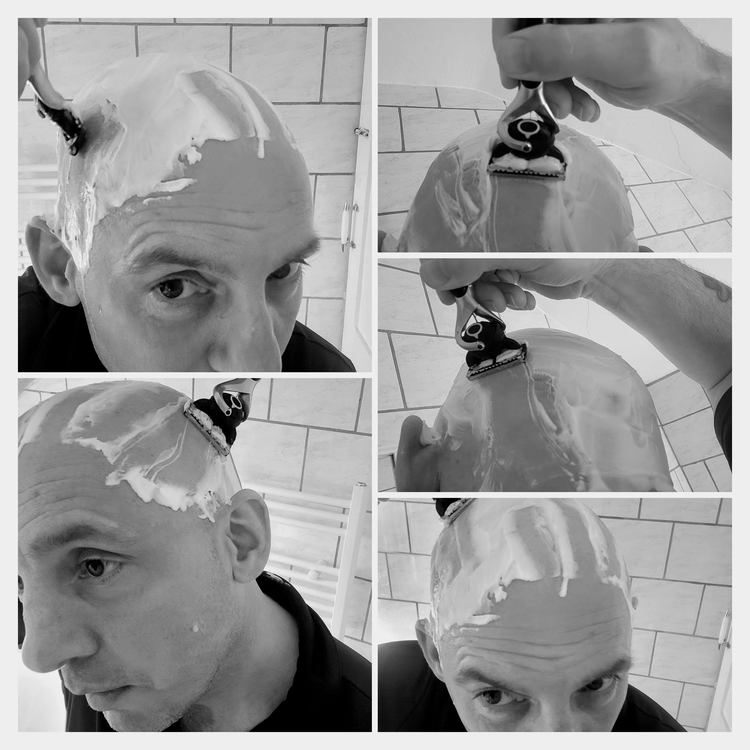 collage of author Jason shaving his head with the Gillette ProGlide Shield Power