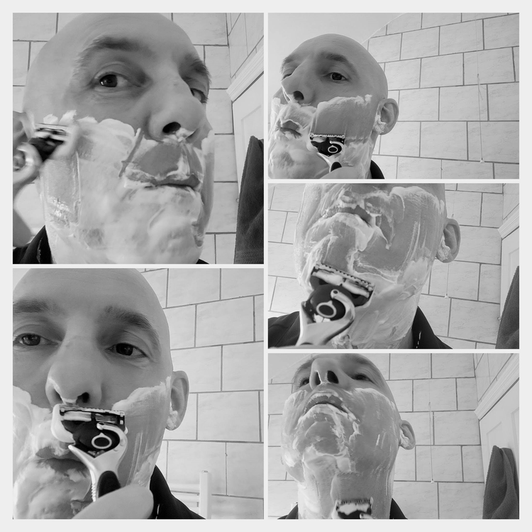 collage of author Jason shaving with the Gillette ProGlide Shield Power and foam on his face