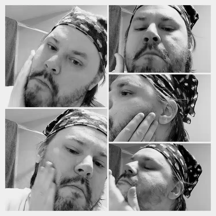 collage of author Robert applying Cremo Palo Santo Beard Oil on his face
