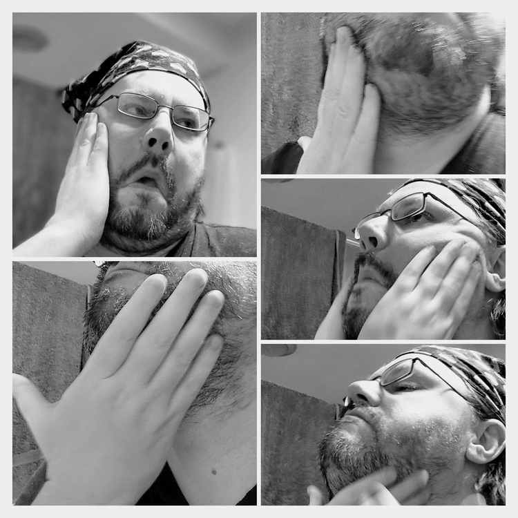 collage of author Robert applying the Honest Amish Premium Beard Oil on his beard