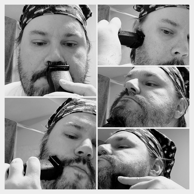 collage of author Robert trimming with the Philips Norelco Series 3000 BT3210 beard trimmer in the bathroom