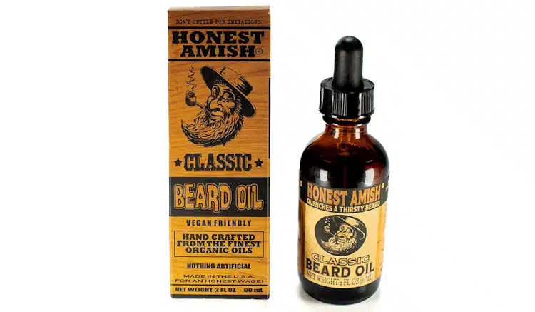 Honest Amish Beard Oil Classic with its box on white background for display