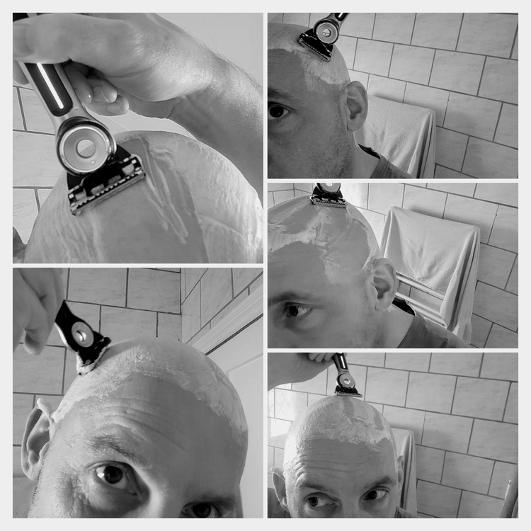 collage of author Jason head shaving with the GilletteLabs Heated razor
