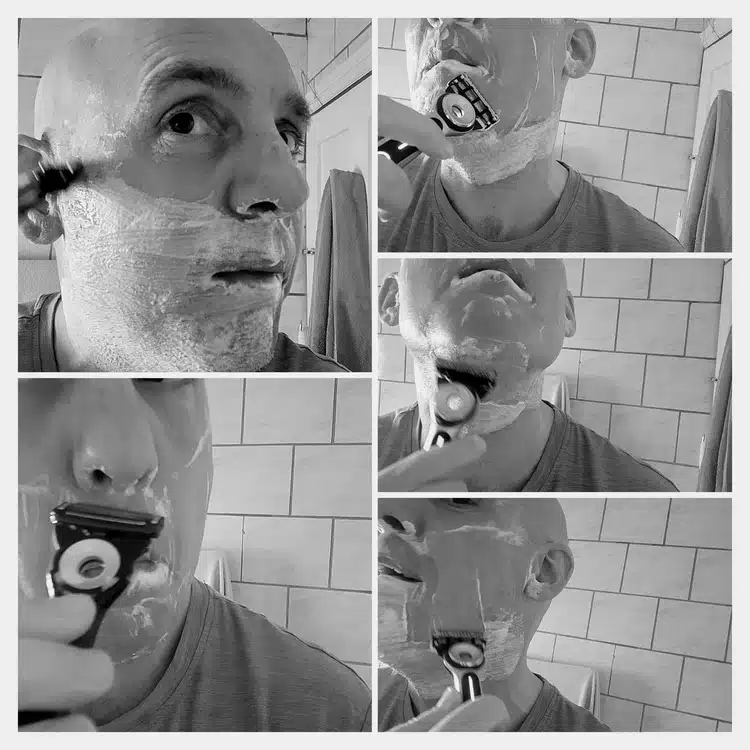 collage of author Jason shaving with the GilletteLabs Heated razor