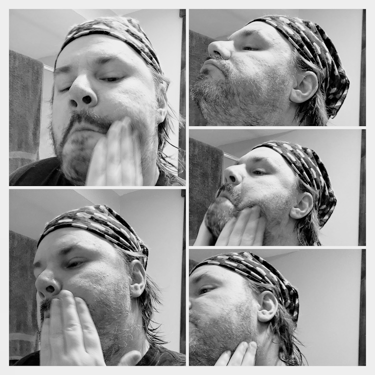 collage of author Robert applying the Best Damn Beard Amplifier