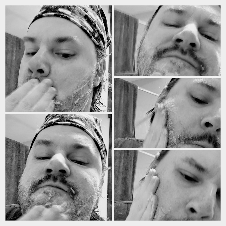 collage of author applying Best Damn Beard wash on his beard