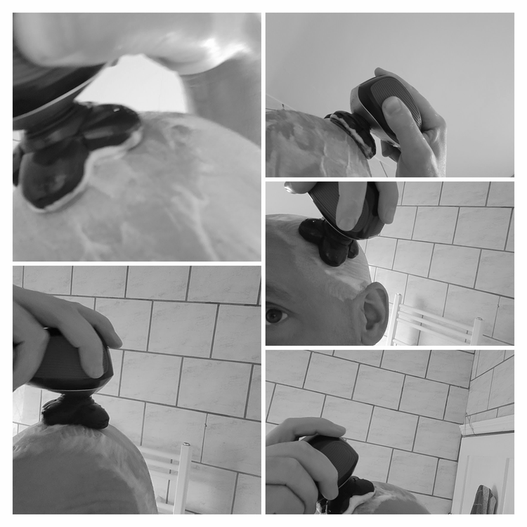 collage of author head shaving with cream using the Freebird FlexSeries head shaver