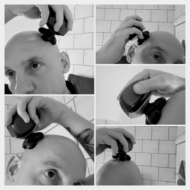 collage of author head shaving with the Freebird FlexSeries head shaver