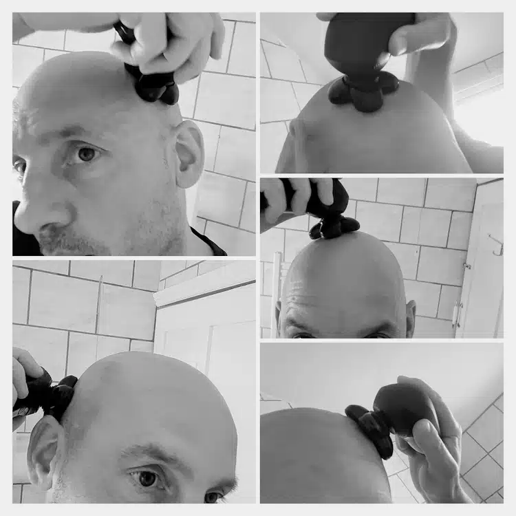 collage of author shaving with the Groomie BaldiePro Head Shaver