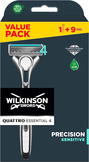 WILKINSON SWORD Quattro Titanium razor packaging showing that it is for sensitive skin