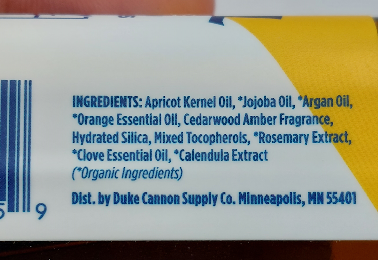 close up of Best Damn Beard Oil ingredients on the back of the bottle