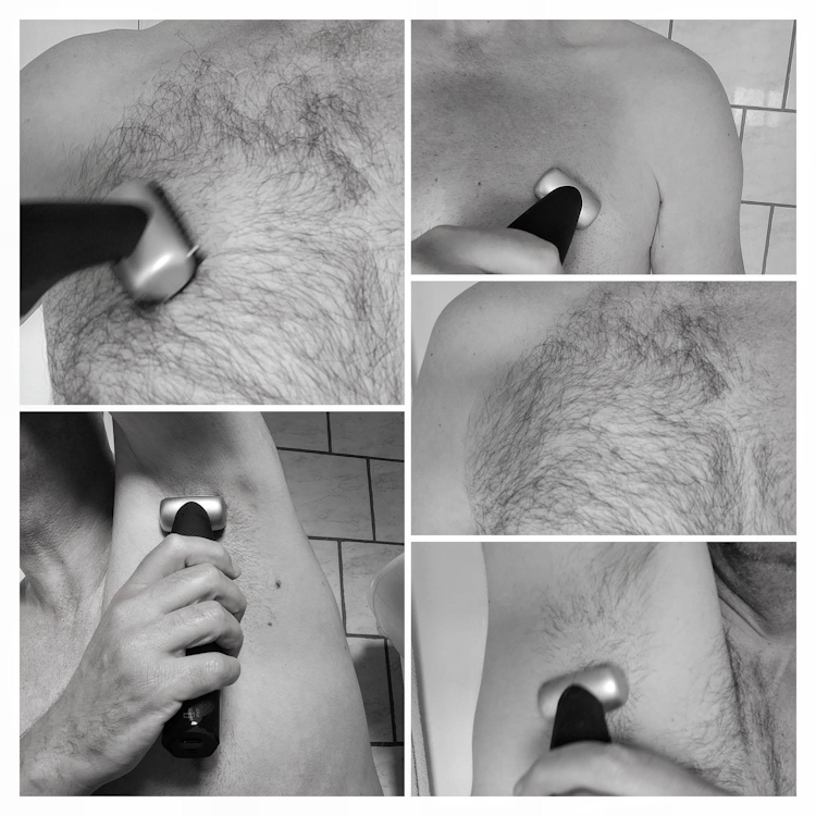 collage of author Jason grooiming chest and armpits with Philips Norelco Bodygroom 5000 Series