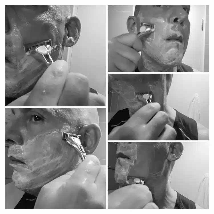 collage of author Jason shaving with the Quattro Titanium razor