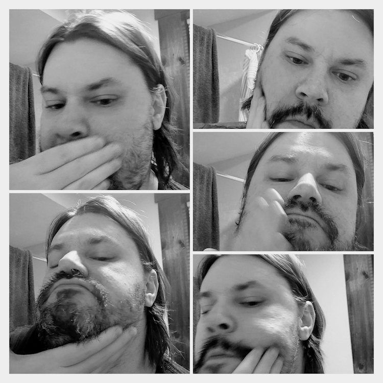 collage of author Robert applying the Best Damn Beard Oil on his beard
