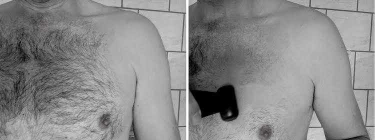 side by side before and after of author jason shaving chest with the Philips Norelco Bodygroomer 3000 Series