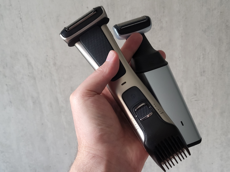 Philips Noreclo Bodygroom 7000 and 5000 Series held next to each other showing how they compare