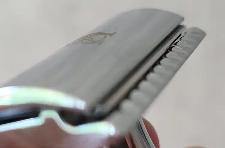 close up of King C. Gillette razor blade gap to help show its aggressivness